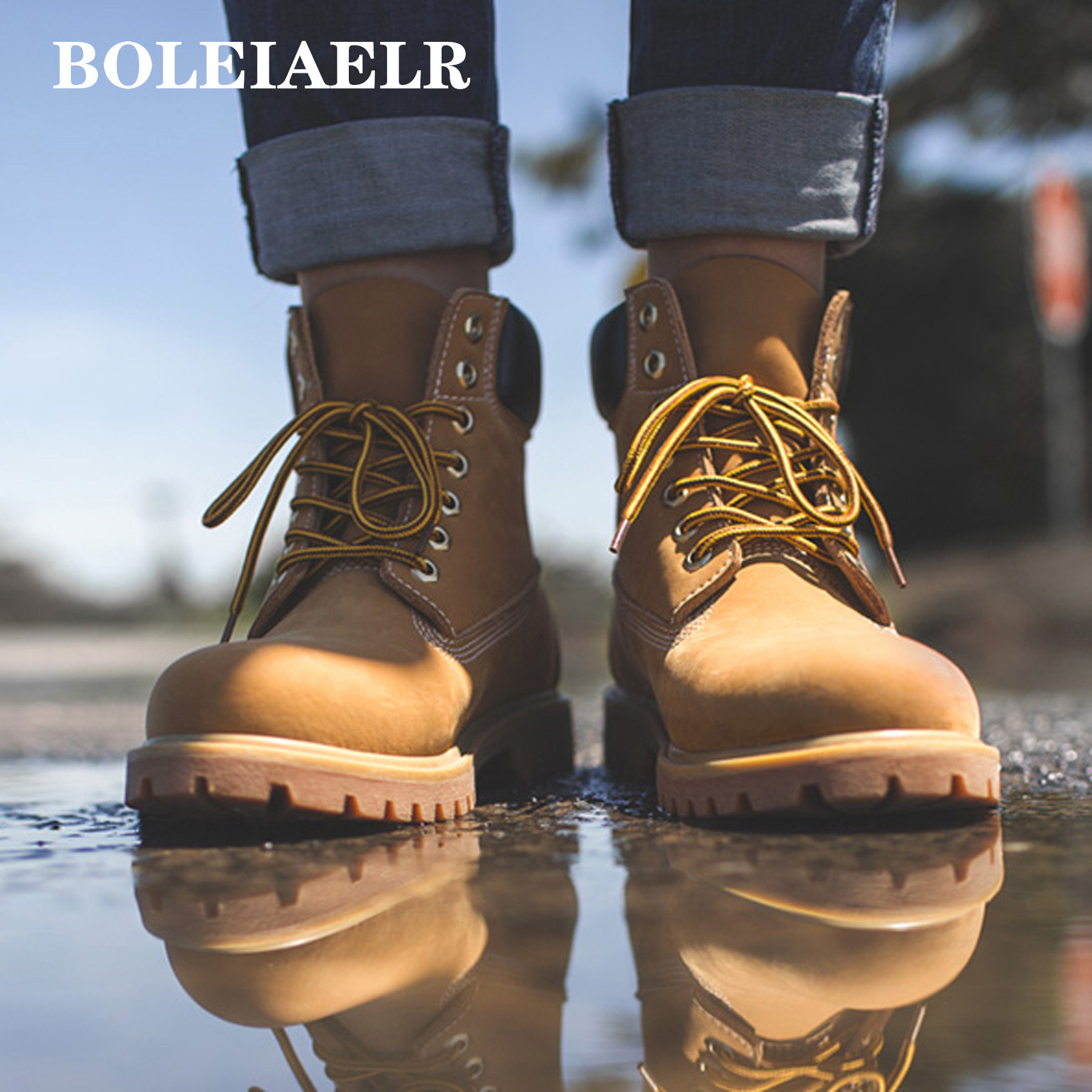 boleiaelr防水耐磨大黄靴中高帮马丁靴工装鞋子沙漠皮靴踢不烂男