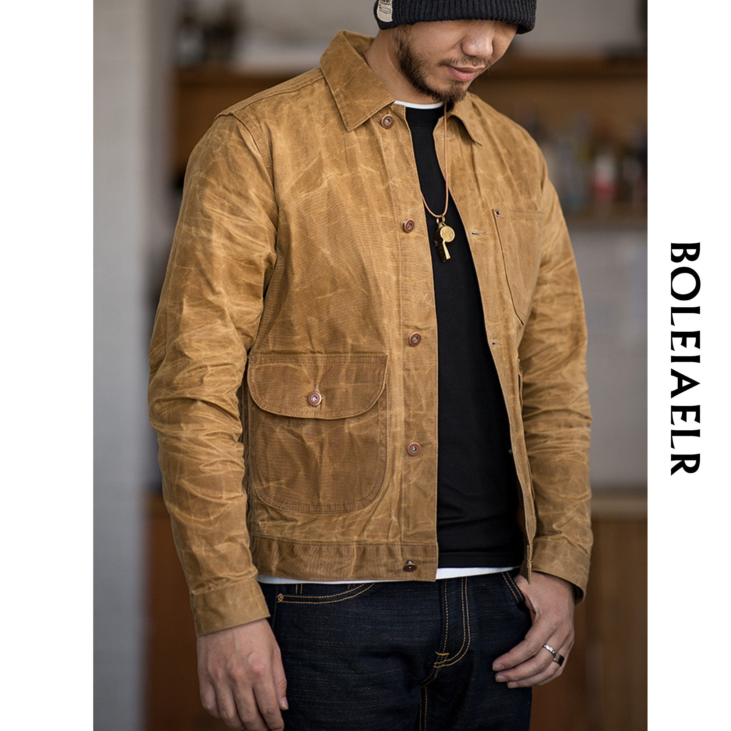 boleiaelr/秋冬新款 防风防水 男人味机车工装帆布油蜡夹克外套男