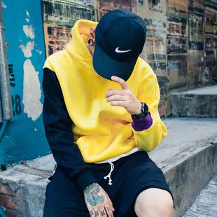 原创国潮秋冬中国有嘻哈pgone磁王同款连帽情侣卫衣黑黄拼接帽衫