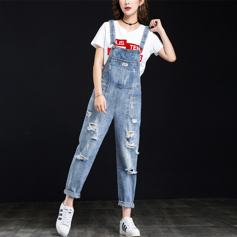 超火乞丐牛仔裤女九分裤小个子烂破洞减龄背带裤女