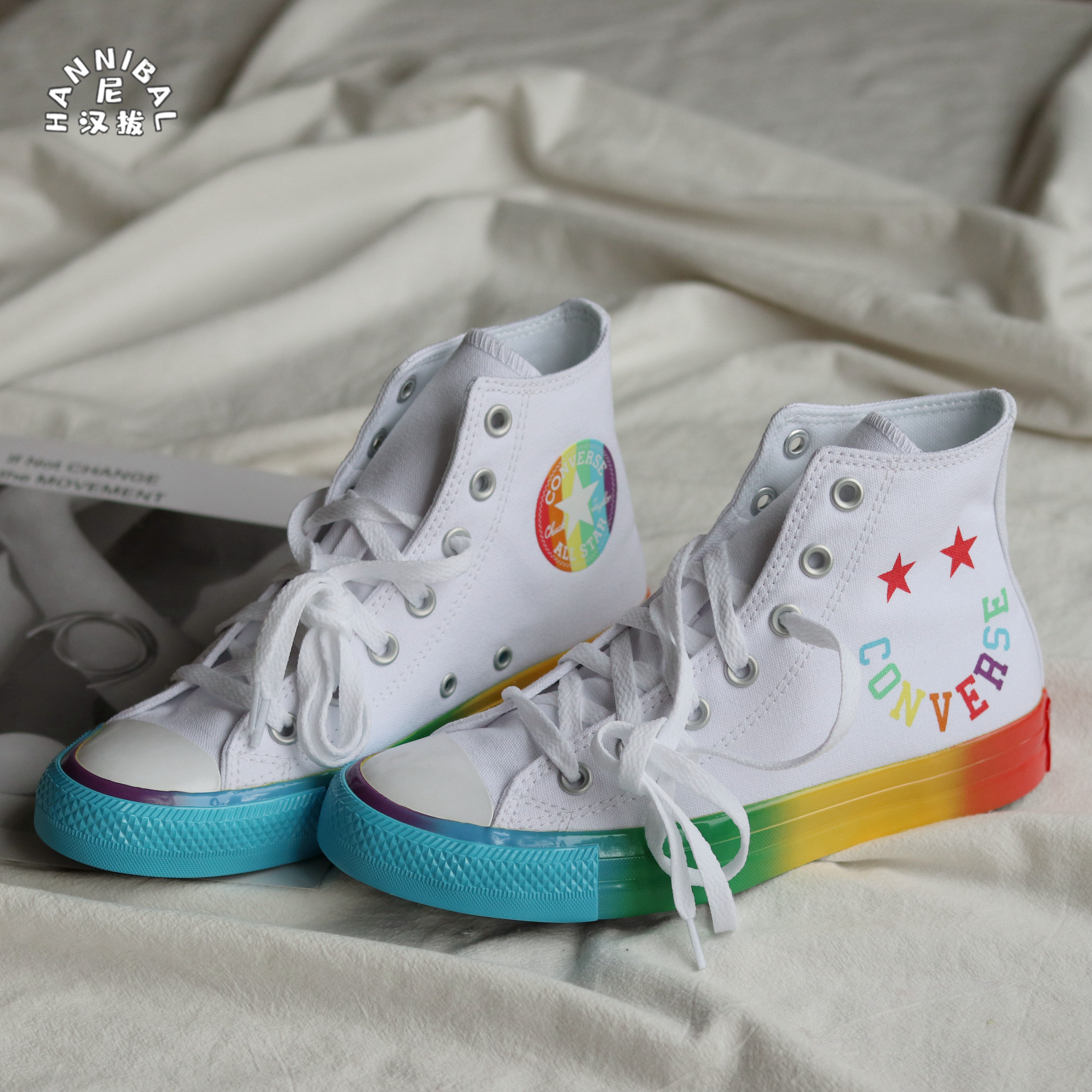 匡威converse 经典款all star 彩虹纯白色笑脸高帮帆布鞋168123c-mc