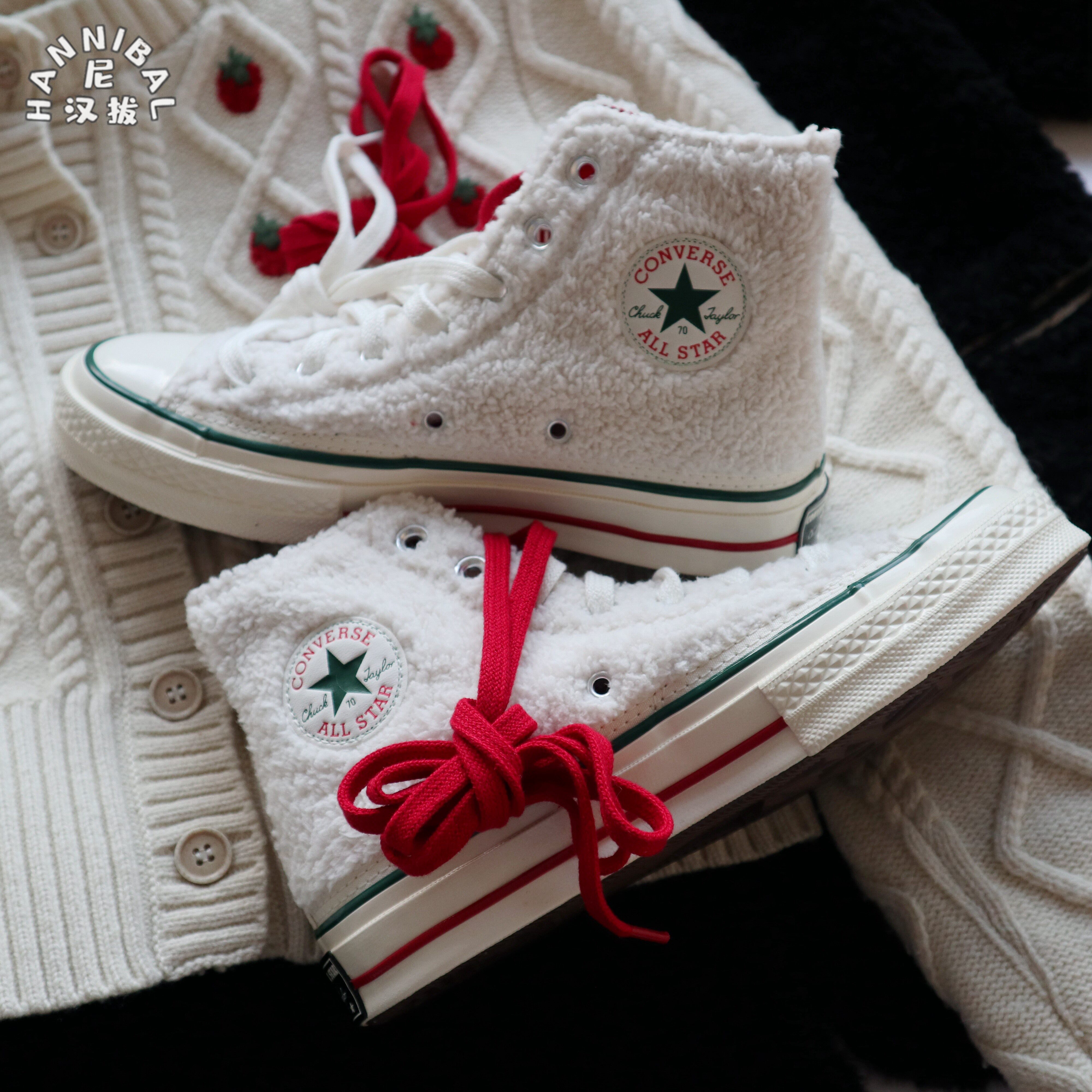 converse匡威 1970s新款圣诞羊羔毛绒绒白色高帮女帆布鞋170048c