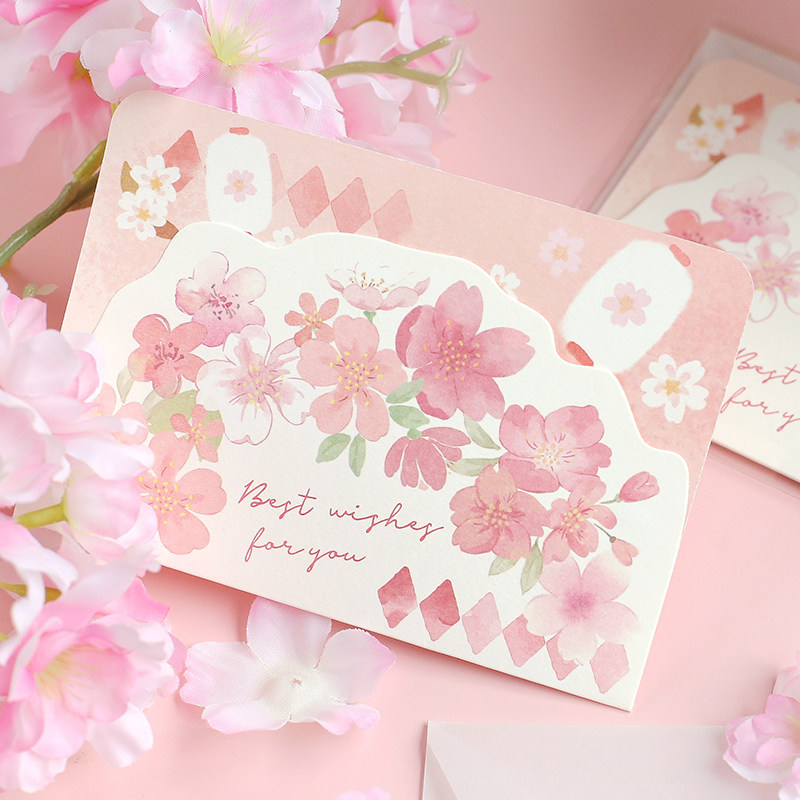可爱文艺风异形折叠贺卡 樱花时 唯美春日蓝粉系卡片卡哇伊小动物生日