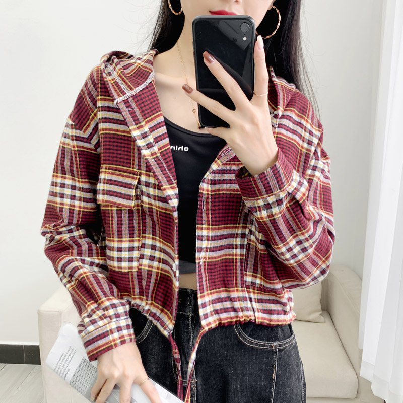 设计感短款长袖外套女春秋装2022新款韩版开衫复古格子衬衫上衣服