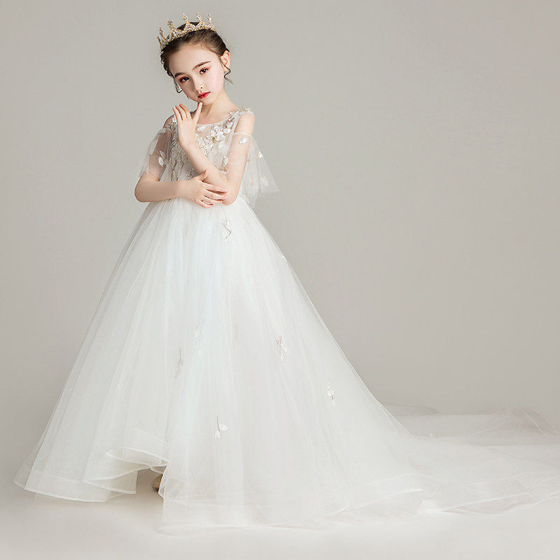 十岁女孩生日高端公主裙夏新小孩主持礼服露肩超长拖尾儿童婚纱服