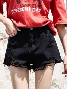 破洞牛仔短裤女夏季宽松学生黑色a字阔腿小个子显高显瘦薄款网红