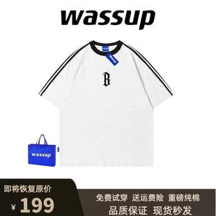 WASSUP潮牌三条杠短袖男女夏季新款圆领纯棉运动休闲T恤宽松上衣