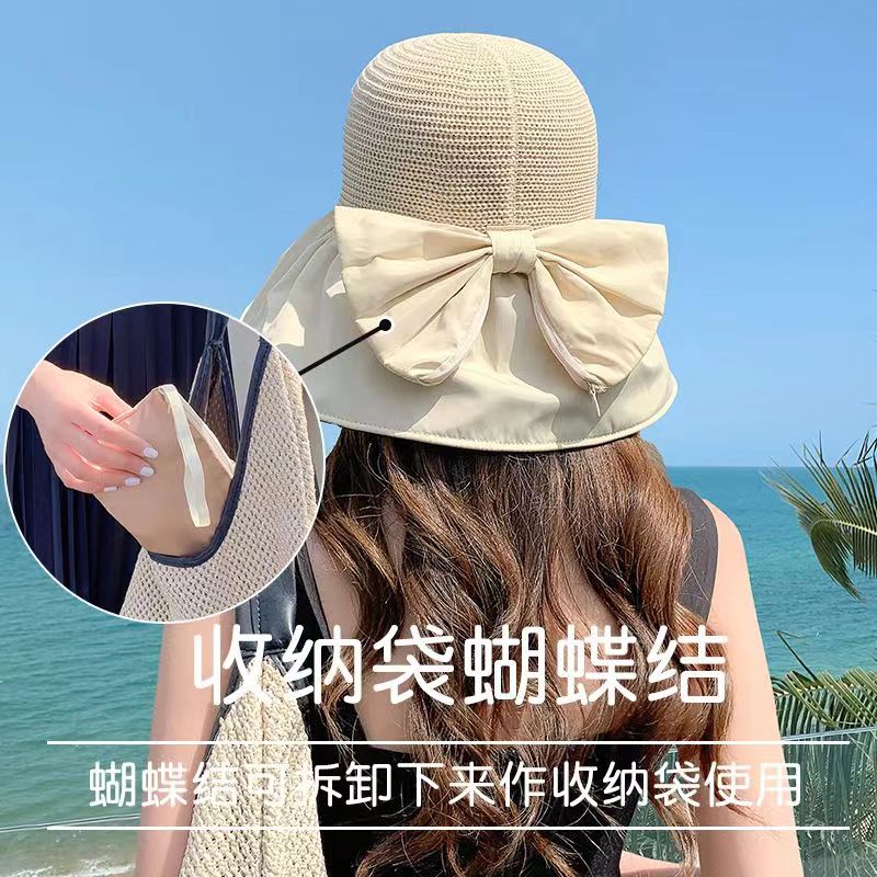 夏季黑胶蝴蝶结遮阳帽女可收纳镂空渔