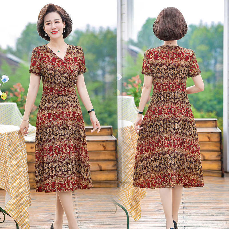 婚礼妈妈装高档时尚夏季连衣裙40到50岁中老年女装礼服中年薄裙子