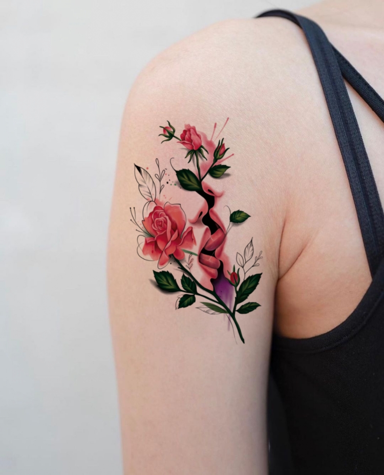 手绘真爱之吻花朵纹身贴防水女持久性感锁骨手臂刺青文身贴纸