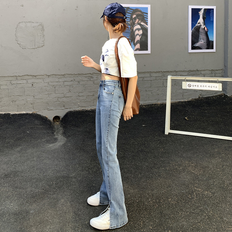 高腰微喇叭开叉牛仔裤女2021春秋新款直筒浅色开口不规则拖地裤子