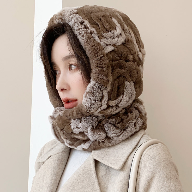 妃吻女冬季保暖护耳皮草帽子围脖连体獭兔皮毛编织帽子围巾风雪帽