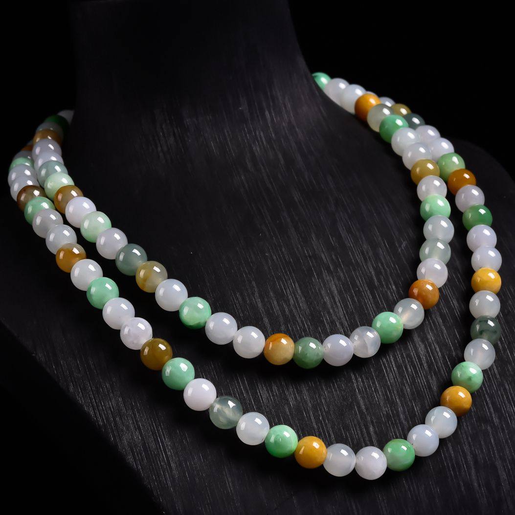 天然缅甸翡翠a货冰润108颗三彩佛珠圆珠项链 67.56克