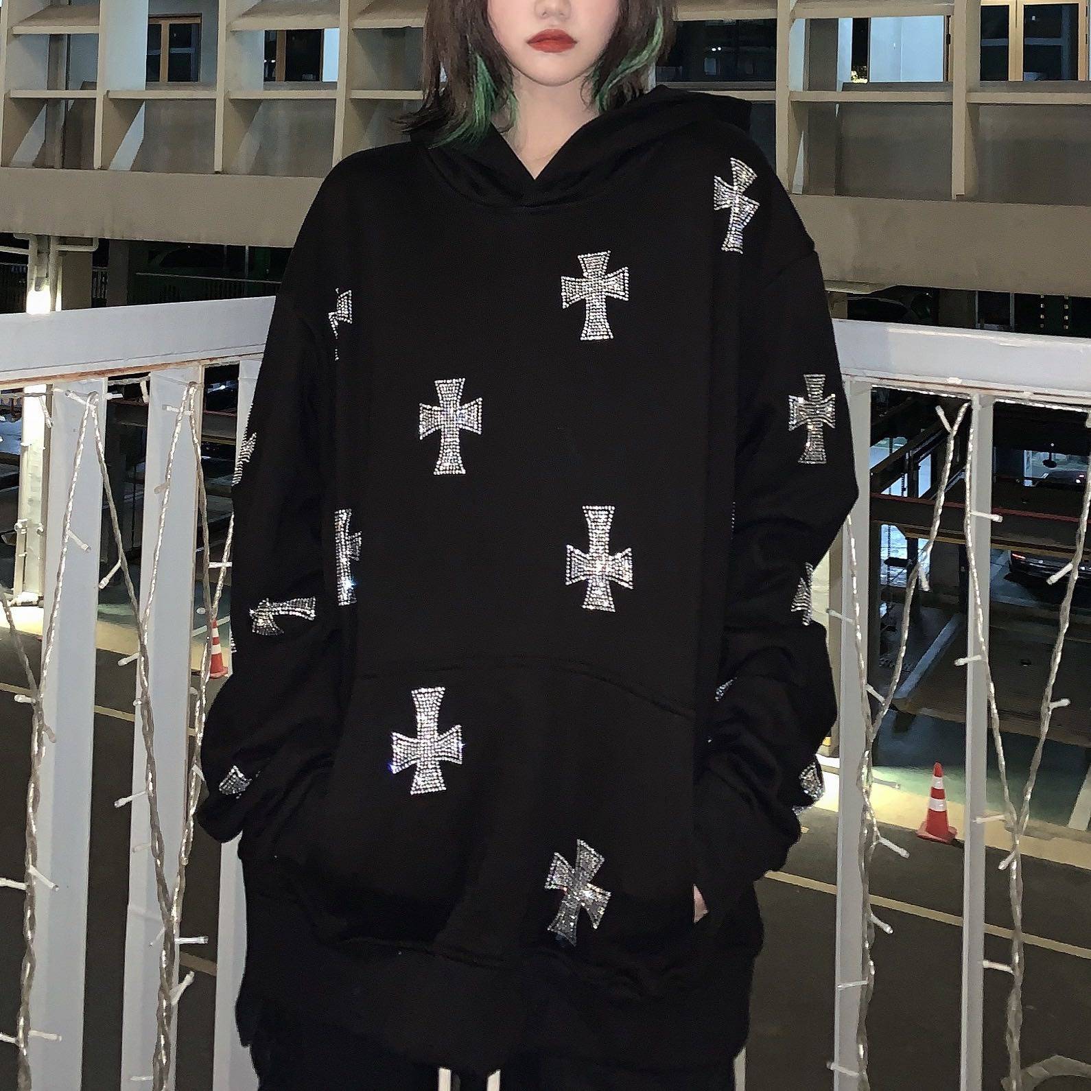 redeemer 20aw 水钻十字架卫衣烫钻帽衫开衫高街小众纵横夹克男女