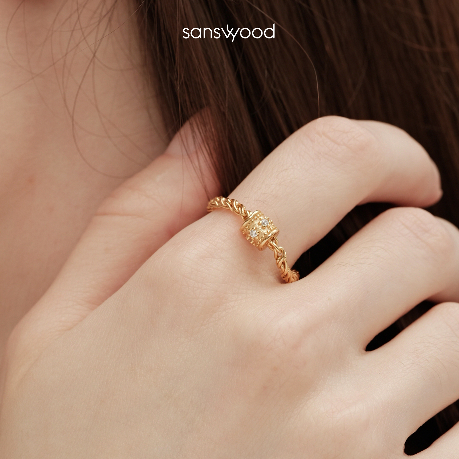 sanswood《愿》复古转运珠锆石戒指女小众设计感纯银链条拼色指环