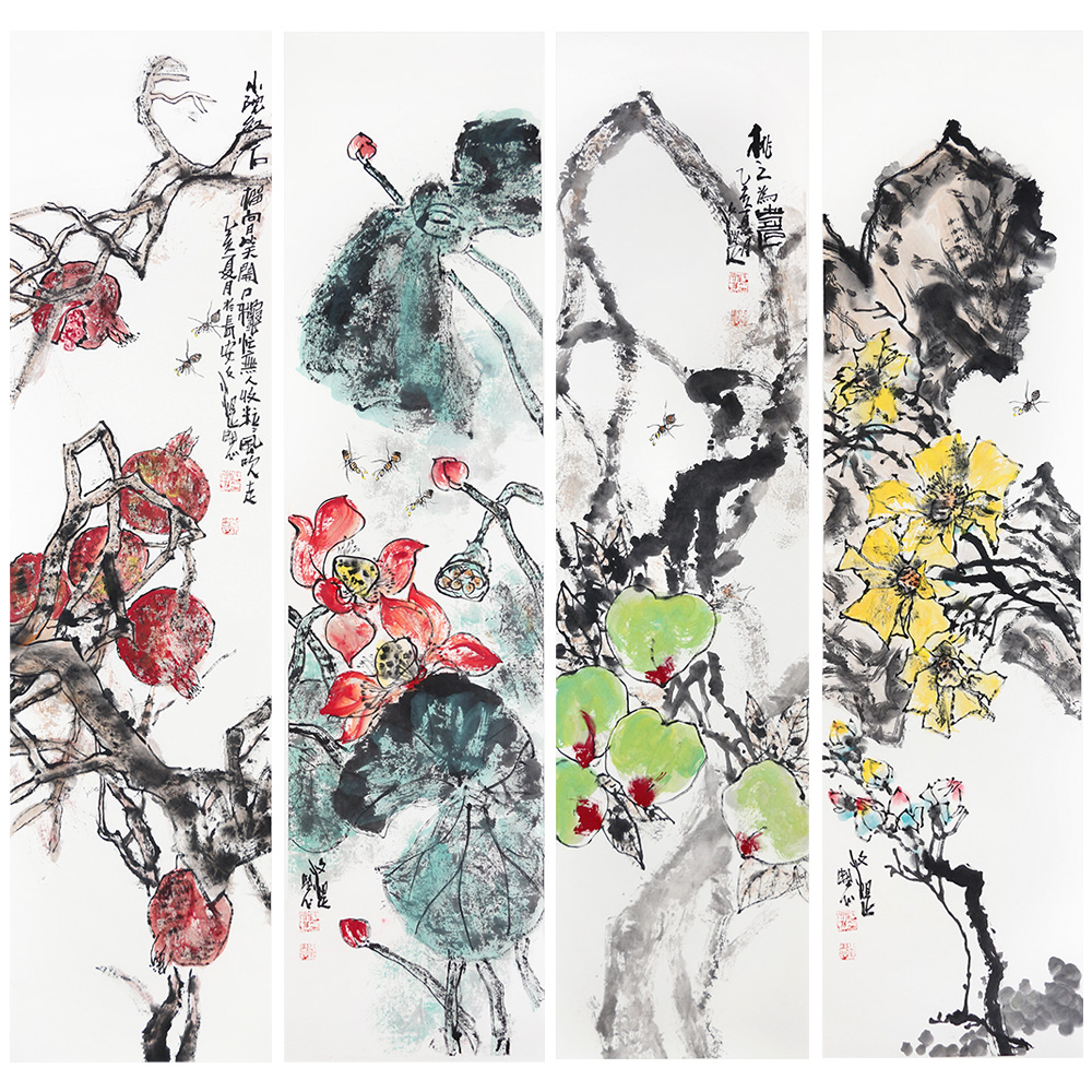 江文湛 《花鸟四条屏》 长安画派代表人物 中美协会员