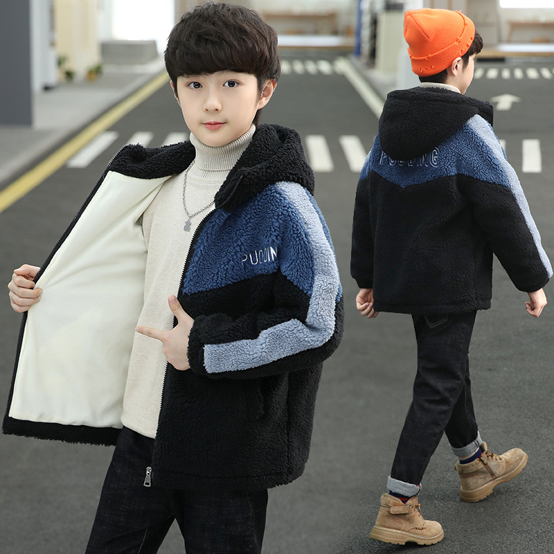 儿童装冬装男童加绒外套2023新款中大童男孩棉衣加厚羊羔毛韩版潮