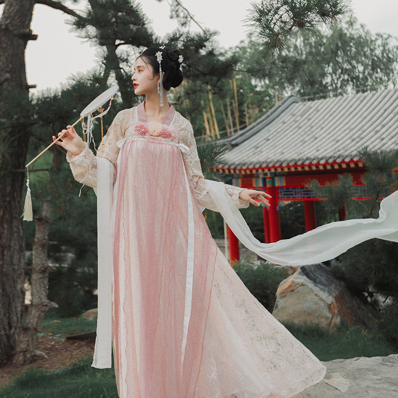 牡丹赋 超仙古装女汉服古风仙气飘逸齐胸襦裙蕾丝网纱8米大摆套装