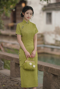 2024春夏新品全开襟绿色日常显瘦修身显白旗袍传统古法旗袍连衣裙