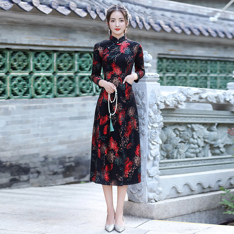 旗袍改良版连衣裙2022新春秋冬长袖女长款罗文棉连衣裙中国风气质