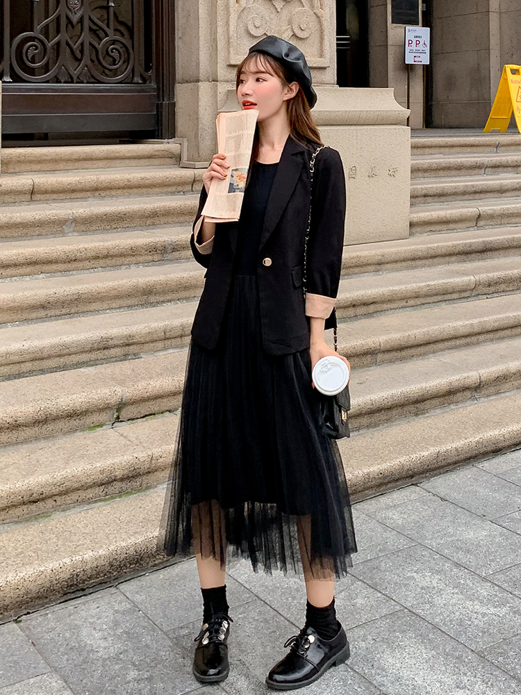 小西装配纱裙套装内搭连衣裙西服外套加百褶裙子甜美韩系风格穿——翠