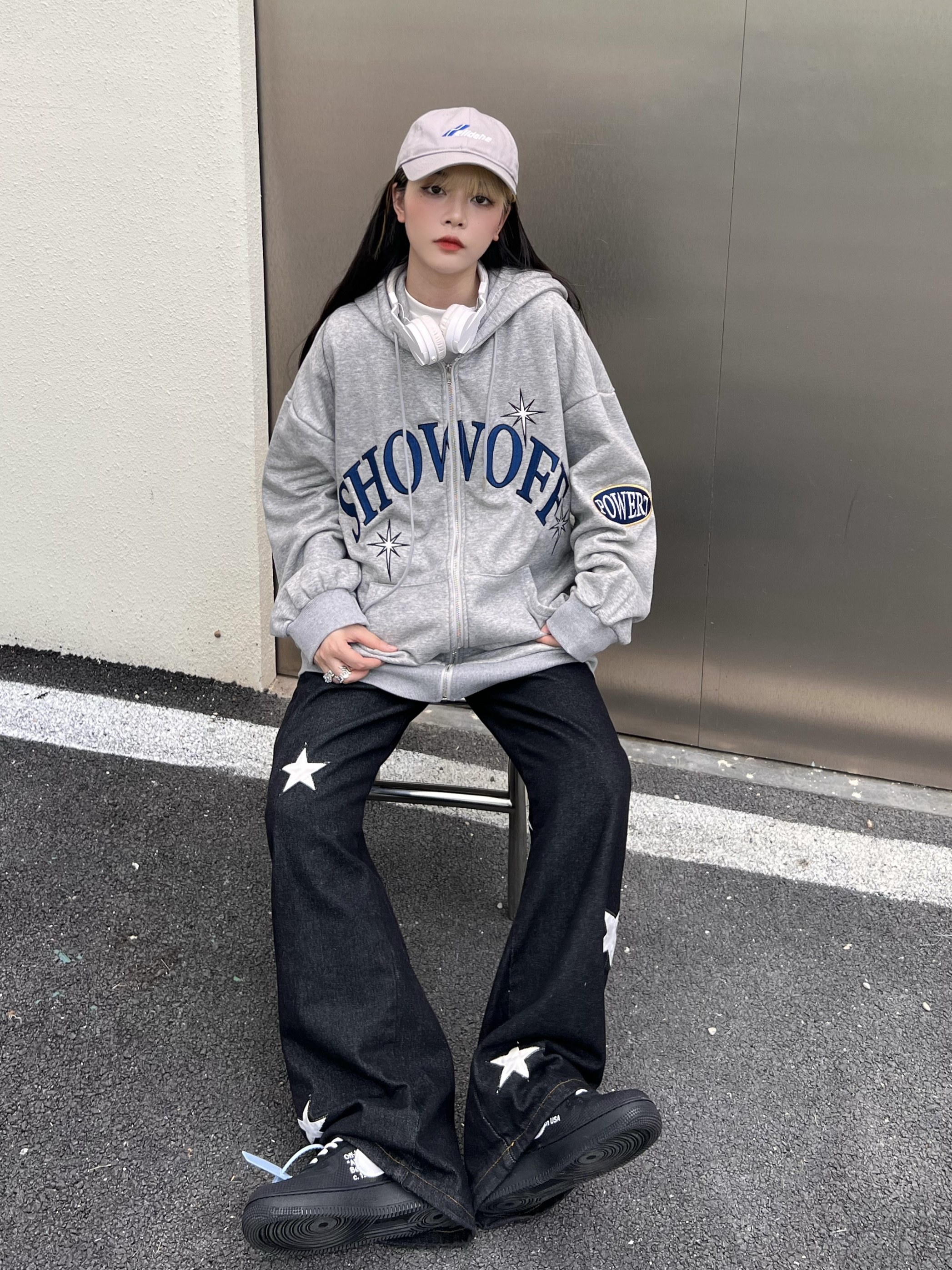 x不是好人美式复古加绒刺绣连帽卫衣oversize宽松休闲ins潮帽衫