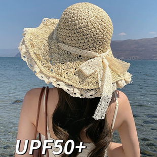 海边遮阳帽大帽檐法式草帽度假沙滩帽子女夏天蕾丝遮脸防晒渔夫帽