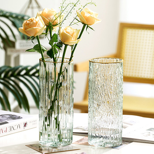 高级感直筒描金水养玻璃花瓶ins风透明水培家居室内客厅摆件