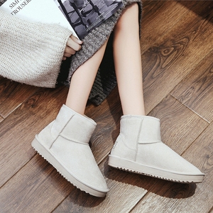 2019时尚冬季休闲一脚蹬懒人真皮面包鞋防水加绒雪地靴女短靴沙色