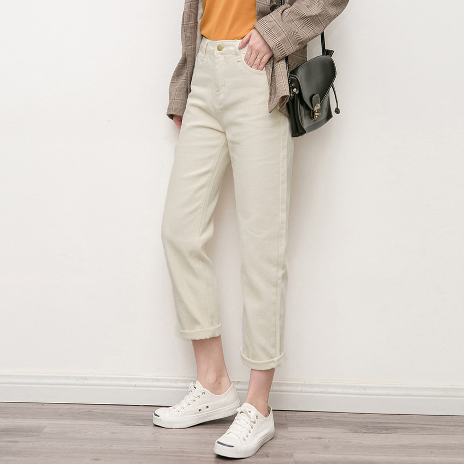 白色牛仔裤女韩版学生bf风高腰显瘦直筒宽松百搭哈伦老爹萝卜裤子