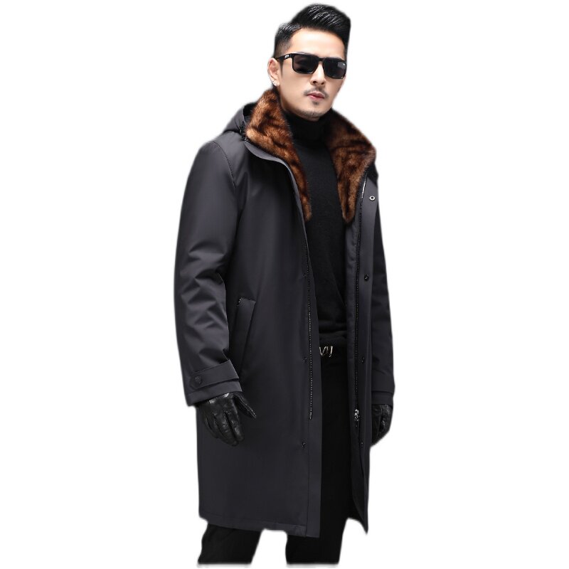 派克服男款长款灰貂领整貂皮毛一体内胆貂皮大衣时尚轻奢海宁皮草