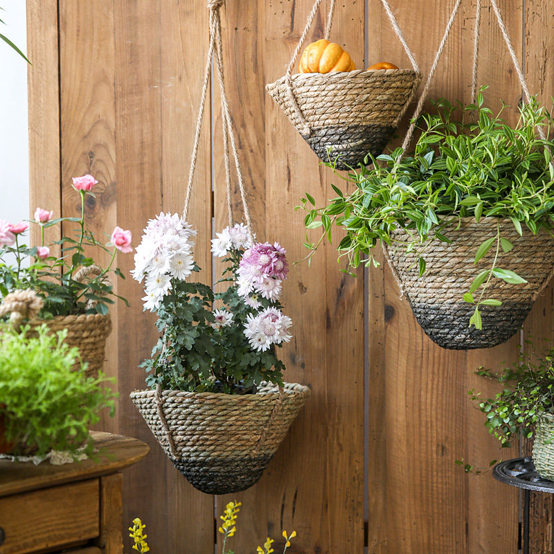 藤编麻绳吊篮花篮海草手工编制侘寂风庭院空中吊饰种花草编篮花盆