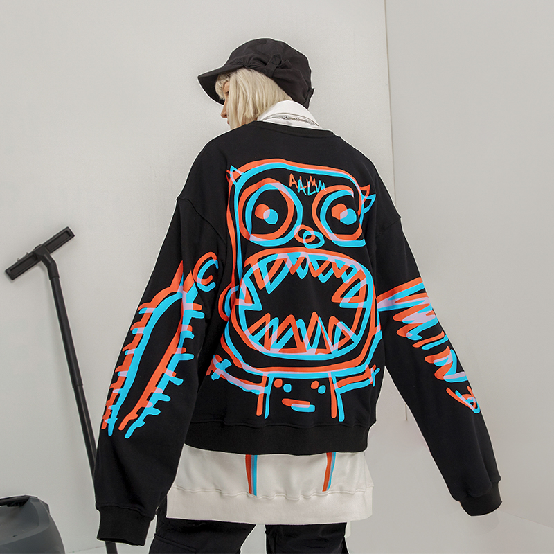 mocbird潮牌小怪兽黑白叠影卫衣嘻哈春秋圆领情侣款上衣calmmind