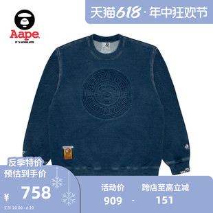 Aape旗舰男装秋冬猿颜徽章水洗做旧牛仔美式薄绒圆领卫衣A357XXL