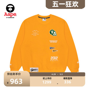 Aape旗舰店男装秋冬字母刺绣猿颜徽章美式薄绒圆领卫衣A353XXL