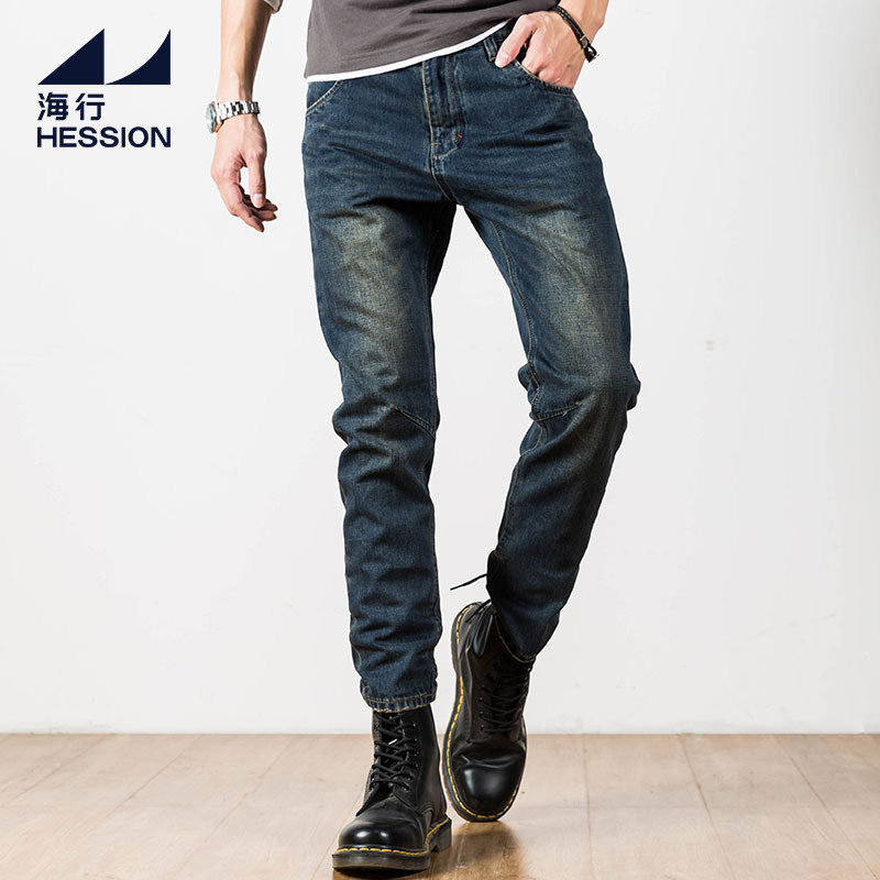 海行牛仔裤男配马丁靴复古直筒做旧机车裤秋冬修身硬汉风格裤子