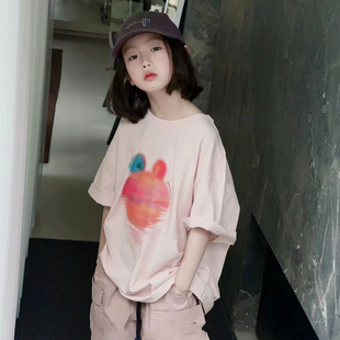 波拉borabora韩版童装短袖T恤2024夏季时髦女童扎染印花圆领上衣