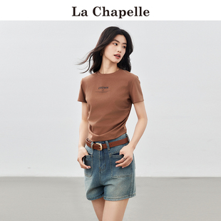 拉夏贝尔/La Chapelle短袖T恤女夏季辣妹风街头字母印花捏褶上衣