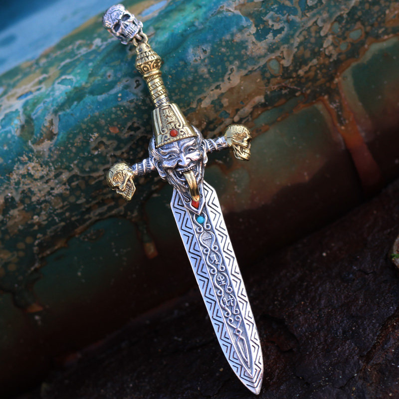 手工纯银黑白无常剑吊坠项链霸气复古