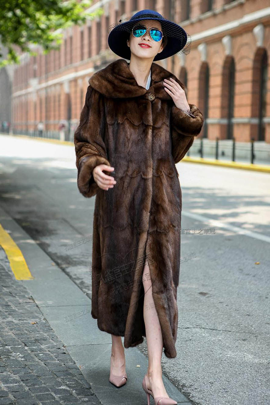 欧洲站水貂皮大衣整貂女貂毛皮草外套超长款咖啡波浪圆领进口母貂