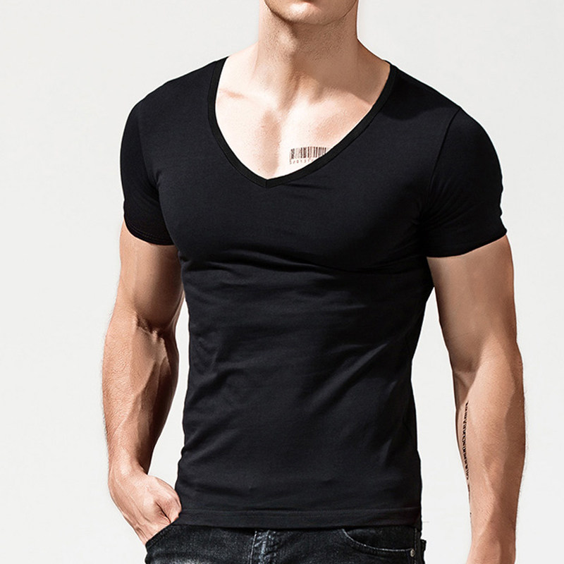 男士潮流短袖t恤大v领纯棉紧身修身低领打底衫男深v上衣半袖夏季