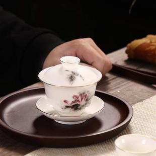 潮汕小号描金羊脂玉白瓷盖碗简约三才盖碗陶瓷茶杯功夫茶具泡茶碗
