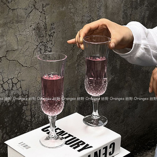 高颜值ins复古风透明高脚杯香槟杯红酒杯果汁杯欧式浮雕玻璃杯子