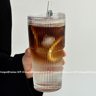 Oranges复古带盖带吸管竖纹玻璃杯子大容量喝水杯冰咖啡杯饮品杯