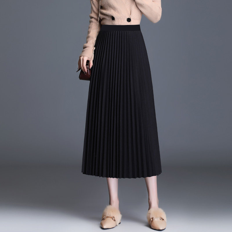 毛呢半身裙a字裙2020春秋新款高腰百褶裙垂坠感中长款显瘦女裙子