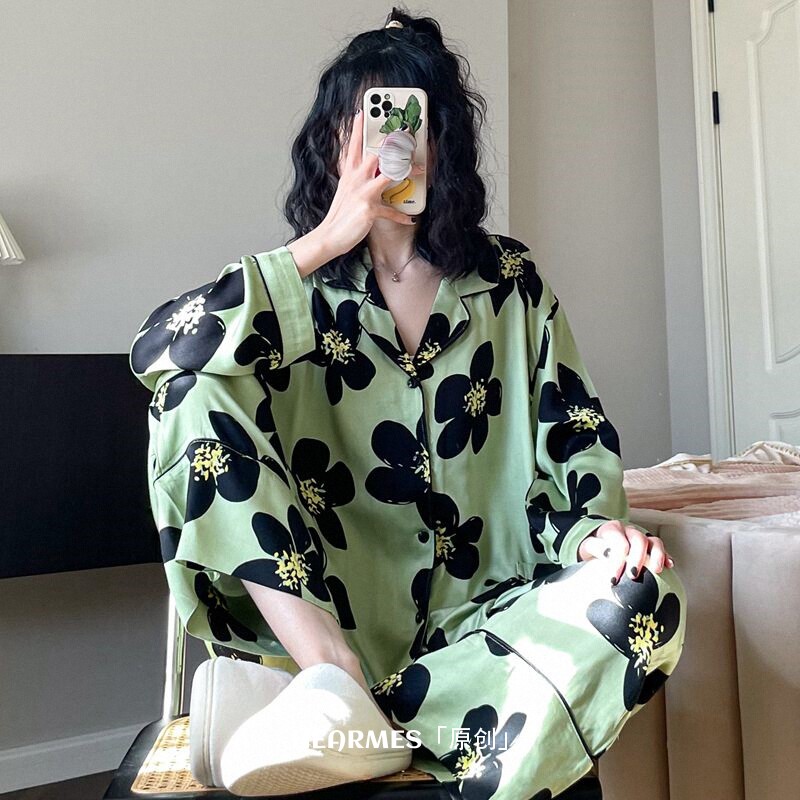 HEARMES「原创」洋气花朵开衫长袖睡衣女款春夏季薄款印花棉绸春