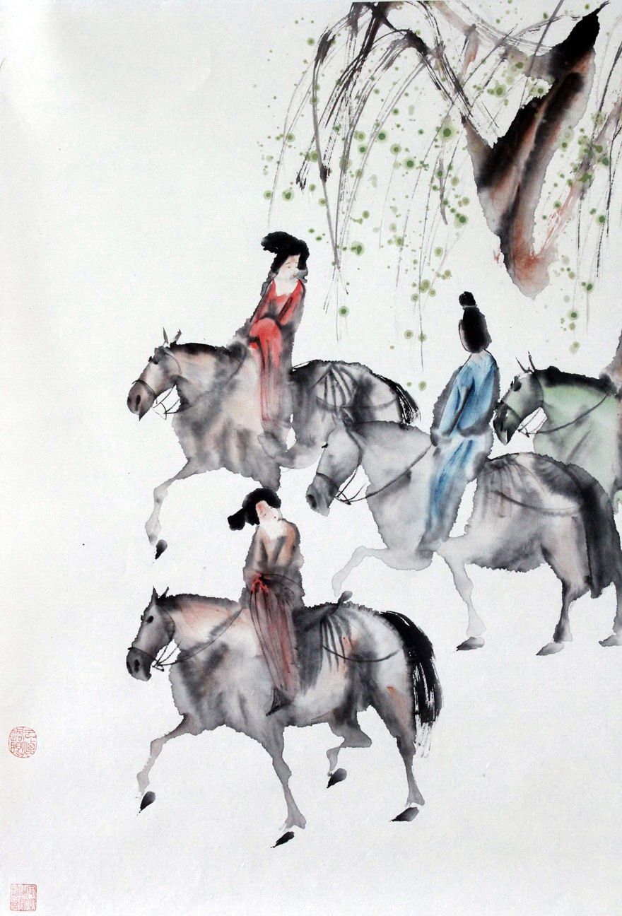 彭先诚《唐人郊游》当代著名人物画家 四川美协理事