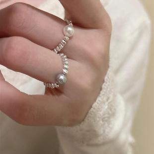 正品绳碎银子施家珍珠戒指简约百搭弹力指环食指纯银小众时髦尾戒