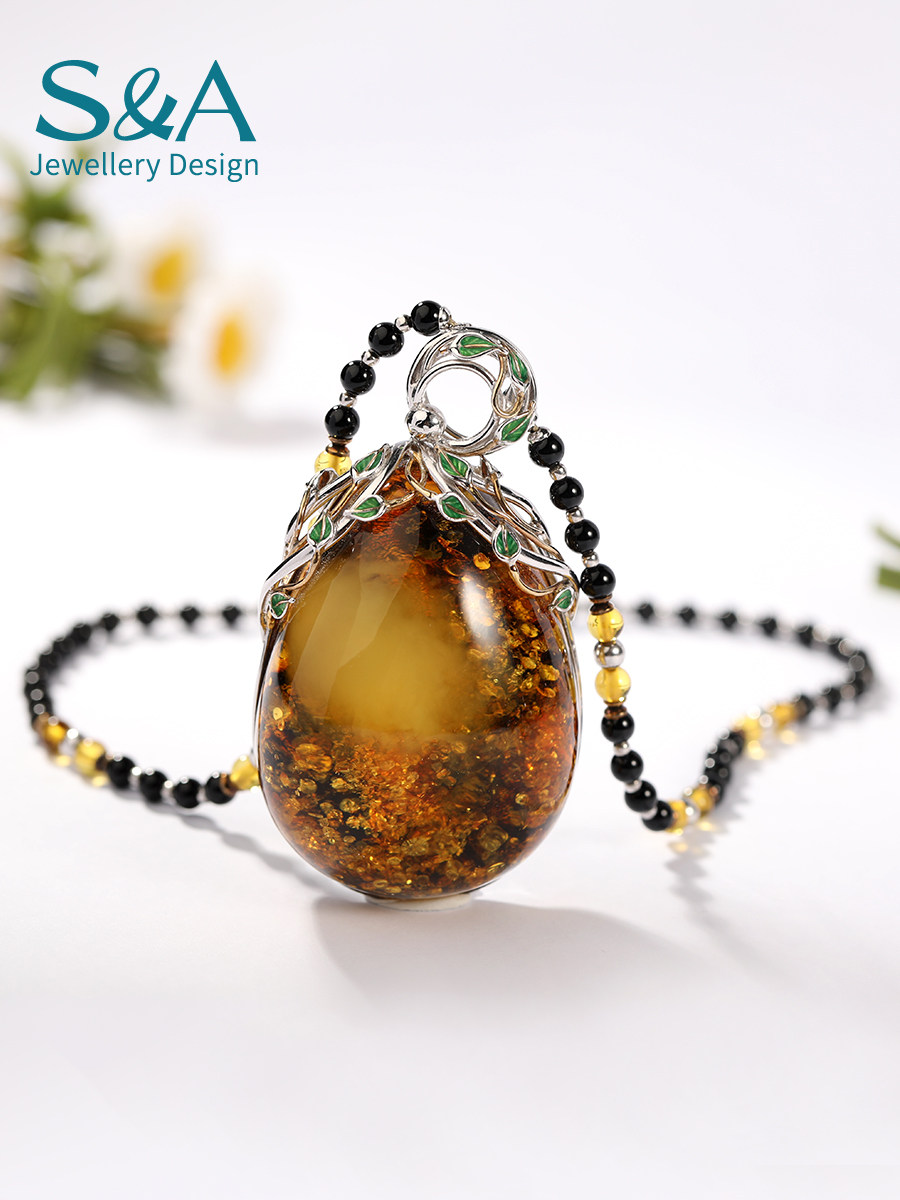 sa赛吉波兰琥珀项链女士锁骨链欧式时尚绿色花园系列绿珀吊坠