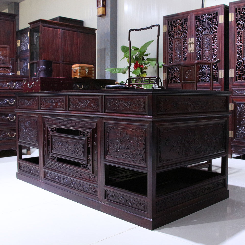 【即拍即得】红酸枝精美雕刻办公桌花鸟图案书房办公家具高端好货